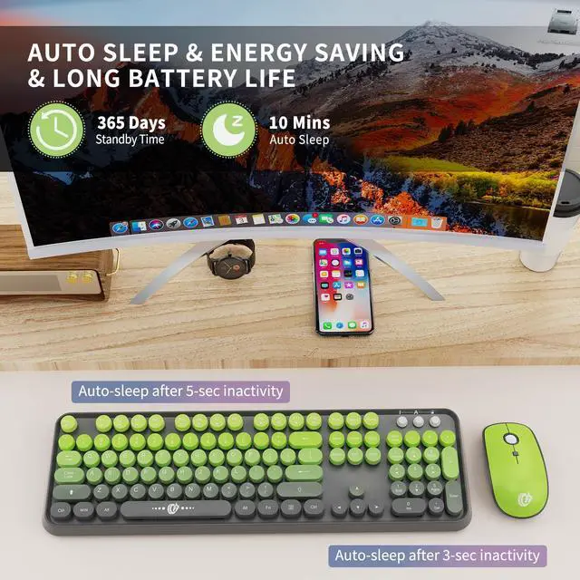 Alt view image 5 of 7 - Wireless Keyboard and Mouse Combo, 2.4GHz Colorful Keyboard Cute Typewriter Full-Size Retro Creamy Keyboard and Mouse Set for Desktop Laptop PC Computer (105 Keys Matcha Green)