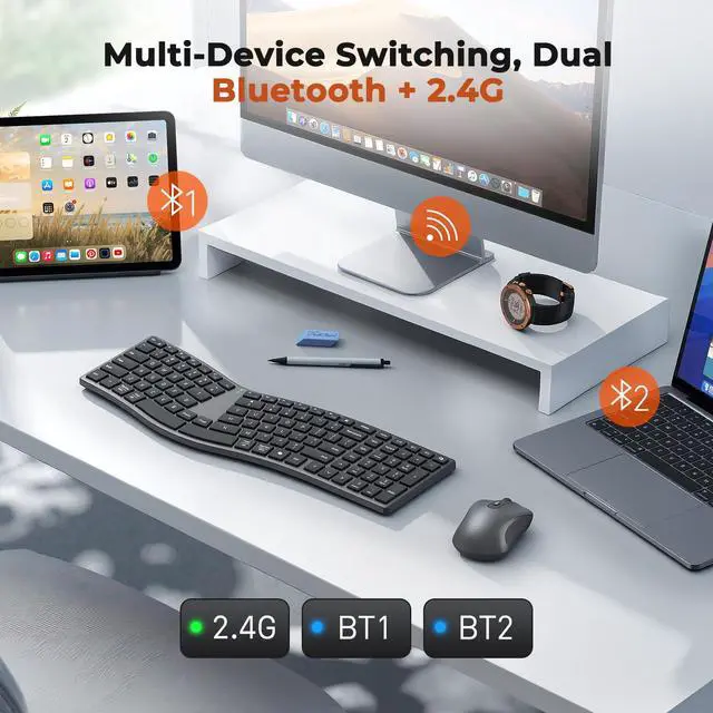 Alt view image 4 of 7 - Ergonomic Keyboard and Mouse Wireless, Split S-Curve Design, 2.4G Wireless & Dual Bluetooth, Slim Low-Profile Rechargeable Full Size Keyboard, 4 DPI Mouse for Windows Mac PC Laptop Computer, Q
