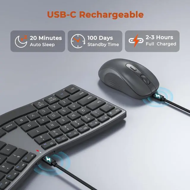 Alt view image 5 of 7 - Ergonomic Keyboard and Mouse Wireless, Split S-Curve Design, 2.4G Wireless & Dual Bluetooth, Slim Low-Profile Rechargeable Full Size Keyboard, 4 DPI Mouse for Windows Mac PC Laptop Computer, Q
