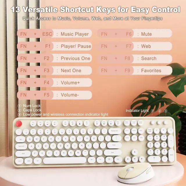Alt view image 5 of 7 - Wireless Keyboard and Mouse Combo, Full-Size Retro Typewriter Keyboard with Round Keycaps, Ergonomic Design for Windows PC, Home and Office Use - Cream