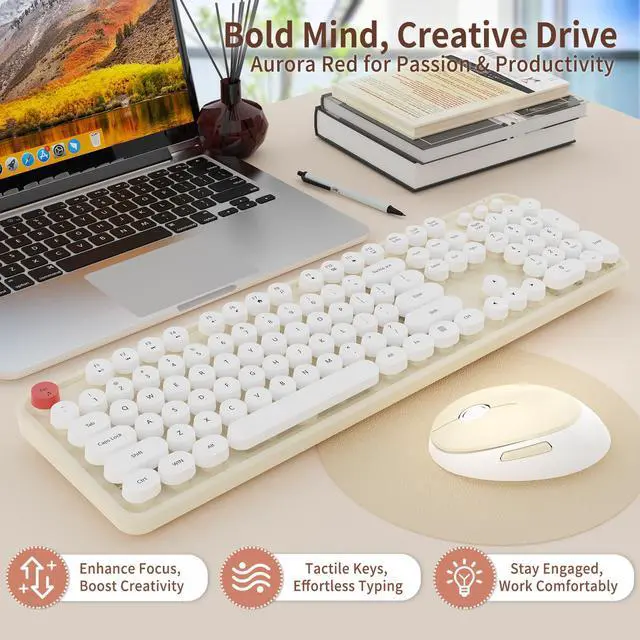 Alt view image 4 of 7 - Wireless Keyboard and Mouse Combo, Full-Size Retro Typewriter Keyboard with Round Keycaps, Ergonomic Design for Windows PC, Home and Office Use - Cream