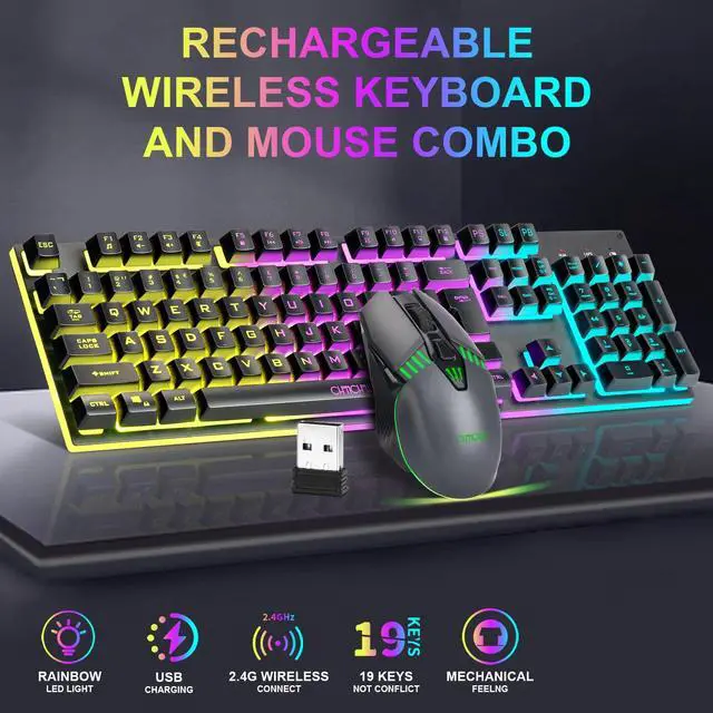 Alt view image 2 of 7 - Gaming Wireless Keyboard and Mouse, Rechargeable RGB Backlit, Metal Panel, Mechanical Feel Anti-ghosting Keyboard with Side Button for Computer PC Laptop Compatible with Windows Mac Ps4/Ps5 Xbox one