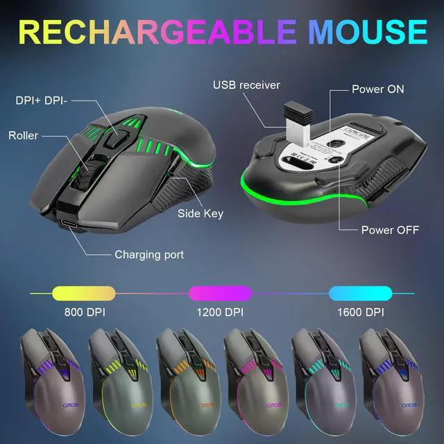 Alt view image 5 of 7 - Gaming Wireless Keyboard and Mouse, Rechargeable RGB Backlit, Metal Panel, Mechanical Feel Anti-ghosting Keyboard with Side Button for Computer PC Laptop Compatible with Windows Mac Ps4/Ps5 Xbox one