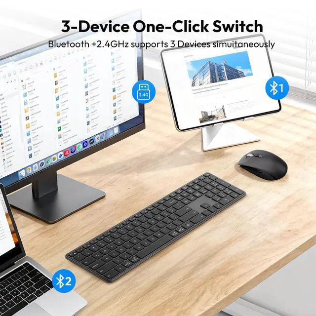 Alt view image 2 of 7 - M9250 Wireless Keyboard Mouse Combo,Scissors Mechanism QWERTY Silent Wireless Bluetooth Keyboard and Ergonomic Mouse Set for Windows, iOS, Android, Computer Desktop PC Laptop iPad