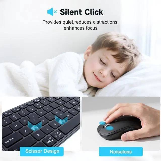 Alt view image 4 of 7 - M9250 Wireless Keyboard Mouse Combo,Scissors Mechanism QWERTY Silent Wireless Bluetooth Keyboard and Ergonomic Mouse Set for Windows, iOS, Android, Computer Desktop PC Laptop iPad