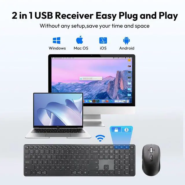 Alt view image 5 of 7 - M9250 Wireless Keyboard Mouse Combo,Scissors Mechanism QWERTY Silent Wireless Bluetooth Keyboard and Ergonomic Mouse Set for Windows, iOS, Android, Computer Desktop PC Laptop iPad