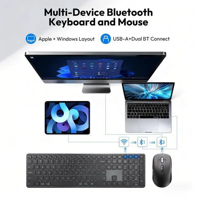 Alt view image 6 of 7 - M9250 Wireless Keyboard Mouse Combo,Scissors Mechanism QWERTY Silent Wireless Bluetooth Keyboard and Ergonomic Mouse Set for Windows, iOS, Android, Computer Desktop PC Laptop iPad