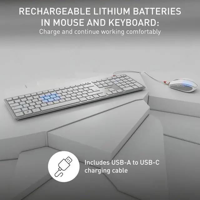 Alt view image 3 of 6 - DW 9100 Slim, Wireless Keyboard and Mouse Set, Bluetooth & 2.4 GHz RF Connection, Quiet Keys, Comfortable Writing, Rechargeable, QWERTY, Silver/White