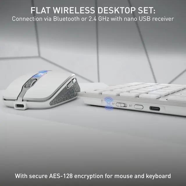 Alt view image 2 of 6 - DW 9100 Slim, Wireless Keyboard and Mouse Set, Bluetooth & 2.4 GHz RF Connection, Quiet Keys, Comfortable Writing, Rechargeable, QWERTY, Silver/White