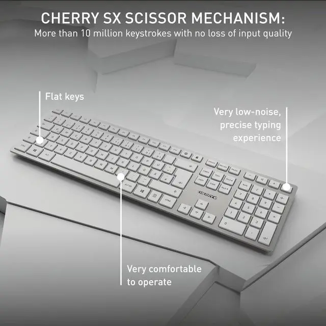 Alt view image 4 of 6 - DW 9100 Slim, Wireless Keyboard and Mouse Set, Bluetooth & 2.4 GHz RF Connection, Quiet Keys, Comfortable Writing, Rechargeable, QWERTY, Silver/White