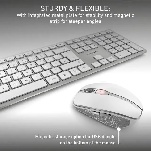 Alt view image 6 of 6 - DW 9100 Slim, Wireless Keyboard and Mouse Set, Bluetooth & 2.4 GHz RF Connection, Quiet Keys, Comfortable Writing, Rechargeable, QWERTY, Silver/White