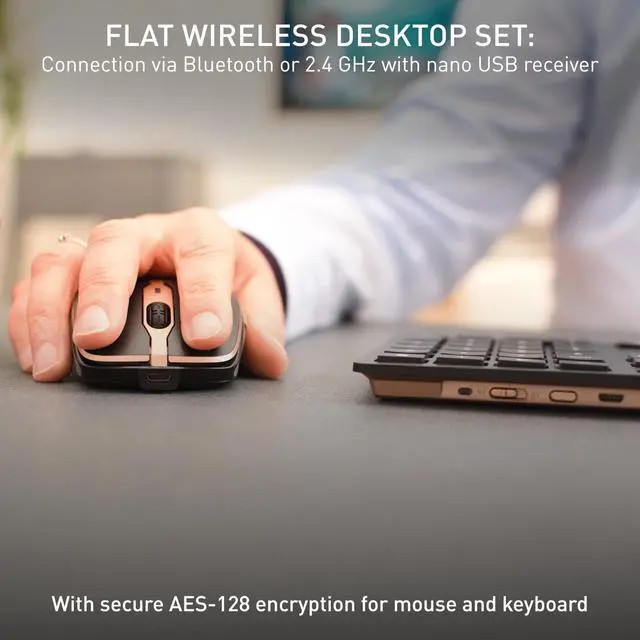 Alt view image 2 of 7 - DW 9100 Slim, Wireless Keyboard and Mouse Set, Bluetooth & 2.4 GHz RF Connection, Quiet Keys, Comfortable Writing, Rechargeable, QWERTY, Black/Bronze