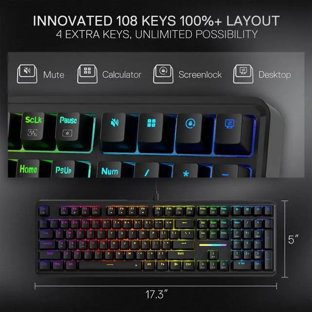 Alt view image 6 of 7 - K745 Wired Gasket RGB Gaming Keyboard, 108 Keys Mechanical Keyboard w/Extra 4 Hotkeys, Upgraded Hot-swappable Socket, 5-Layer Noise Dampening, Creamy & Thocky Custom Linear Switch