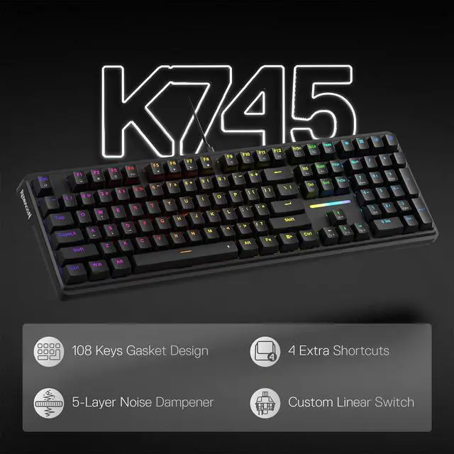 Alt view image 2 of 7 - K745 Wired Gasket RGB Gaming Keyboard, 108 Keys Mechanical Keyboard w/Extra 4 Hotkeys, Upgraded Hot-swappable Socket, 5-Layer Noise Dampening, Creamy & Thocky Custom Linear Switch