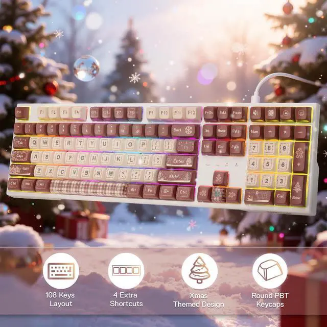Alt view image 2 of 7 - K668 Xmas Wired Gasket RGB Gaming Keyboard, 108 Keys Mechanical Keyboard w/Extra 4 Hotkeys, Upgraded Hot-swappable Socket, Sound Absorbing Foam, Christmas Gingerbread Man Themed Cute Keycaps