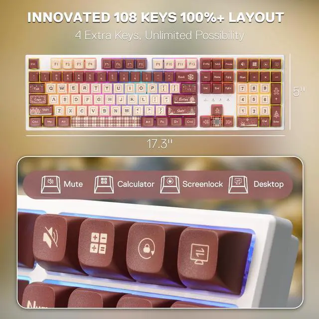 Alt view image 3 of 7 - K668 Xmas Wired Gasket RGB Gaming Keyboard, 108 Keys Mechanical Keyboard w/Extra 4 Hotkeys, Upgraded Hot-swappable Socket, Sound Absorbing Foam, Christmas Gingerbread Man Themed Cute Keycaps