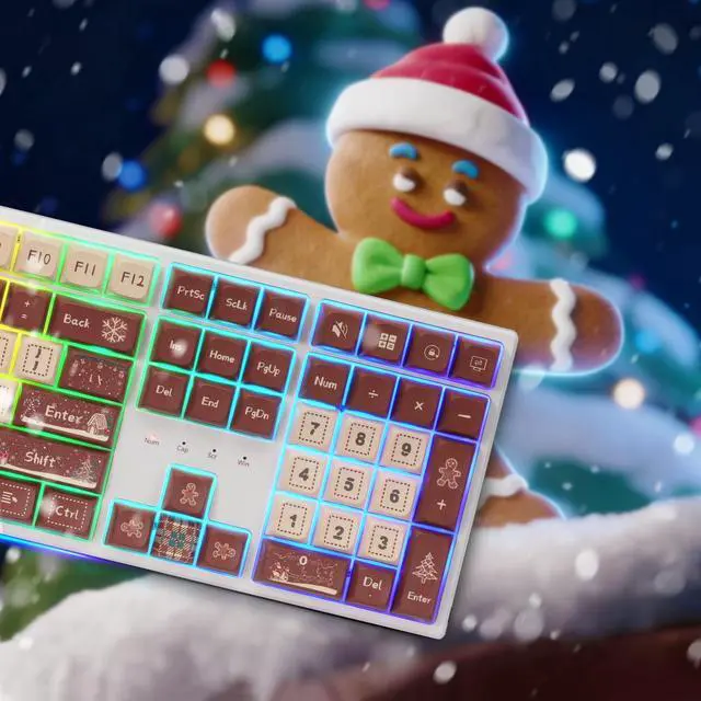 Alt view image 7 of 7 - K668 Xmas Wired Gasket RGB Gaming Keyboard, 108 Keys Mechanical Keyboard w/Extra 4 Hotkeys, Upgraded Hot-swappable Socket, Sound Absorbing Foam, Christmas Gingerbread Man Themed Cute Keycaps