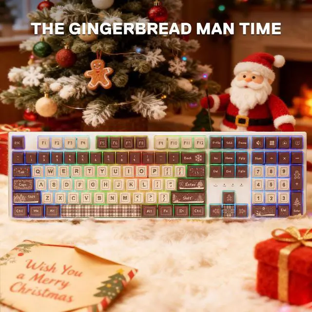 Alt view image 6 of 7 - K668 Xmas Wired Gasket RGB Gaming Keyboard, 108 Keys Mechanical Keyboard w/Extra 4 Hotkeys, Upgraded Hot-swappable Socket, Sound Absorbing Foam, Christmas Gingerbread Man Themed Cute Keycaps