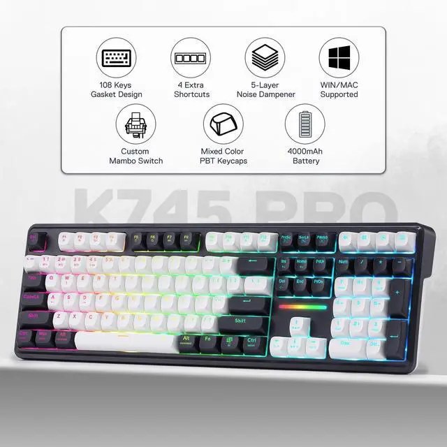 Alt view image 2 of 7 - K745 PRO Wireless Gasket RGB Gaming Keyboard, 108 Keys Mechanical Keyboard w/Extra 4 Hotkeys, Hot-Swap Socket, 5-Layer Noise Dampening, See-Through Round PBT Keycaps, Mint Mambo Switch