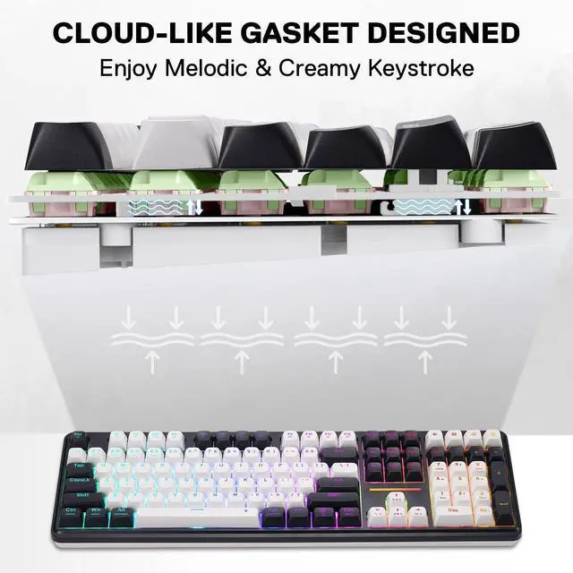 Alt view image 5 of 7 - K745 PRO Wireless Gasket RGB Gaming Keyboard, 108 Keys Mechanical Keyboard w/Extra 4 Hotkeys, Hot-Swap Socket, 5-Layer Noise Dampening, See-Through Round PBT Keycaps, Mint Mambo Switch