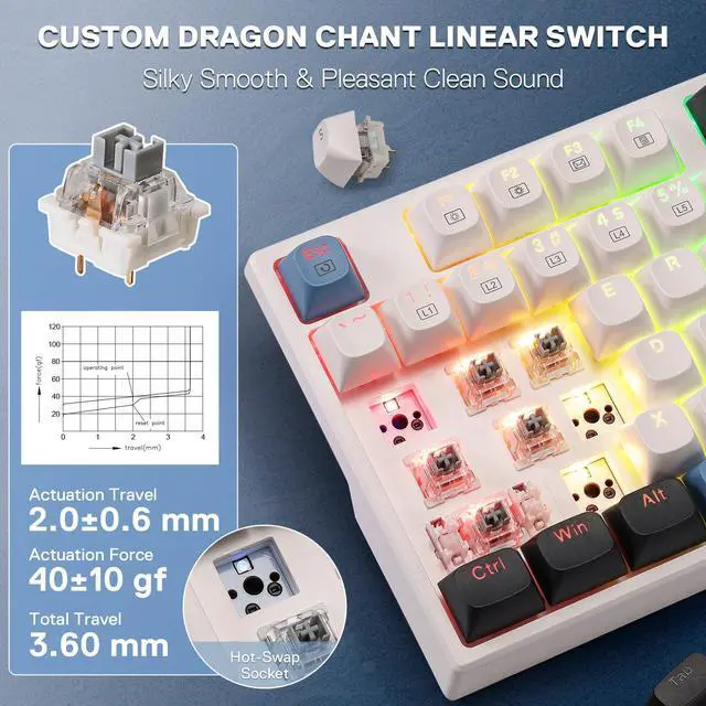 Alt view image 5 of 7 - K668 Wired Gasket RGB Gaming Keyboard, 108 Keys Mechanical Keyboard w/Extra 4 Hotkeys, Upgraded Hot-swappable Socket, Sound Absorbing Foam, Mixed Color Keycaps, Custom Linear Switch