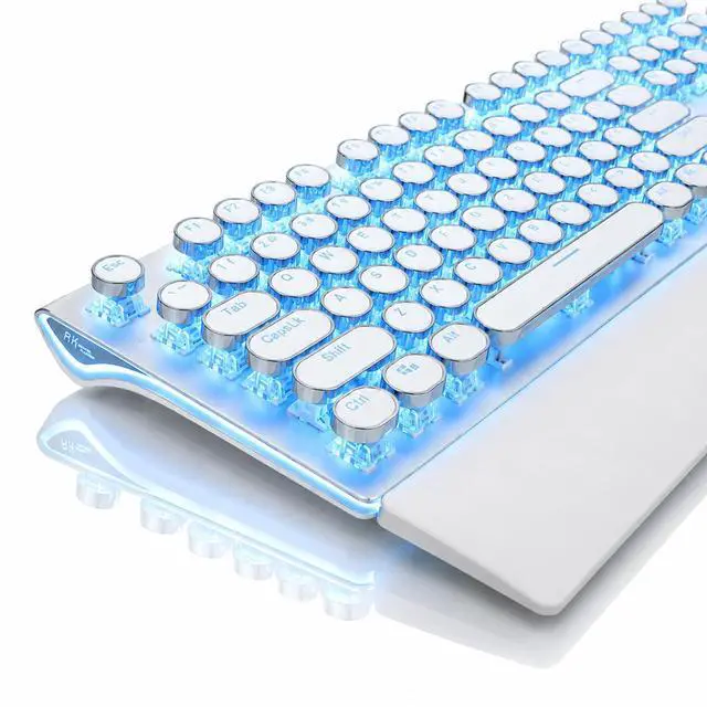 Main image of S108 Typewriter Mechanical Keyboard, Retro Wired Gaming Keyboard with Number Pad and Detachable Wrist Rest, 108 Keys Full Size PC Game Keyboards, Clicky Blue Switch, Blue Backlit White