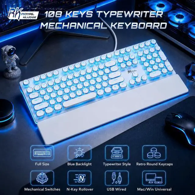Alt view image 2 of 7 - S108 Typewriter Mechanical Keyboard, Retro Wired Gaming Keyboard with Number Pad and Detachable Wrist Rest, 108 Keys Full Size PC Game Keyboards, Clicky Blue Switch, Blue Backlit White