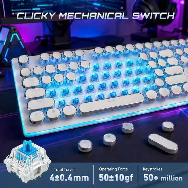 Alt view image 3 of 7 - S108 Typewriter Mechanical Keyboard, Retro Wired Gaming Keyboard with Number Pad and Detachable Wrist Rest, 108 Keys Full Size PC Game Keyboards, Clicky Blue Switch, Blue Backlit White