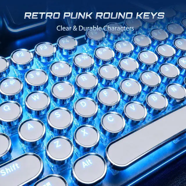 Alt view image 4 of 7 - S108 Typewriter Mechanical Keyboard, Retro Wired Gaming Keyboard with Number Pad and Detachable Wrist Rest, 108 Keys Full Size PC Game Keyboards, Clicky Blue Switch, Blue Backlit White