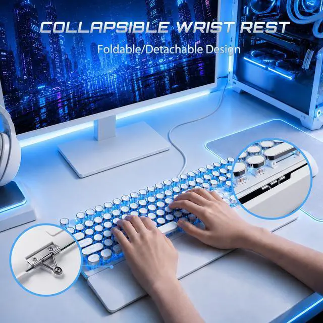 Alt view image 6 of 7 - S108 Typewriter Mechanical Keyboard, Retro Wired Gaming Keyboard with Number Pad and Detachable Wrist Rest, 108 Keys Full Size PC Game Keyboards, Clicky Blue Switch, Blue Backlit White
