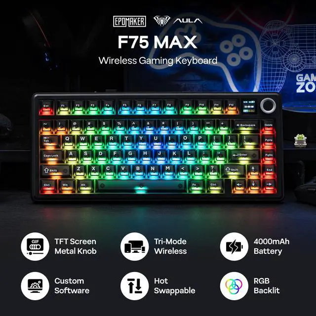 Alt view image 2 of 7 - F75 MAX Wireless Mechanical Keyboard with TFT Screen and Knob, Gasket Keyboard in 75% Layout, Hot Swappable Gaming Keyboard for PC/Mac/Linux (Matte Black)