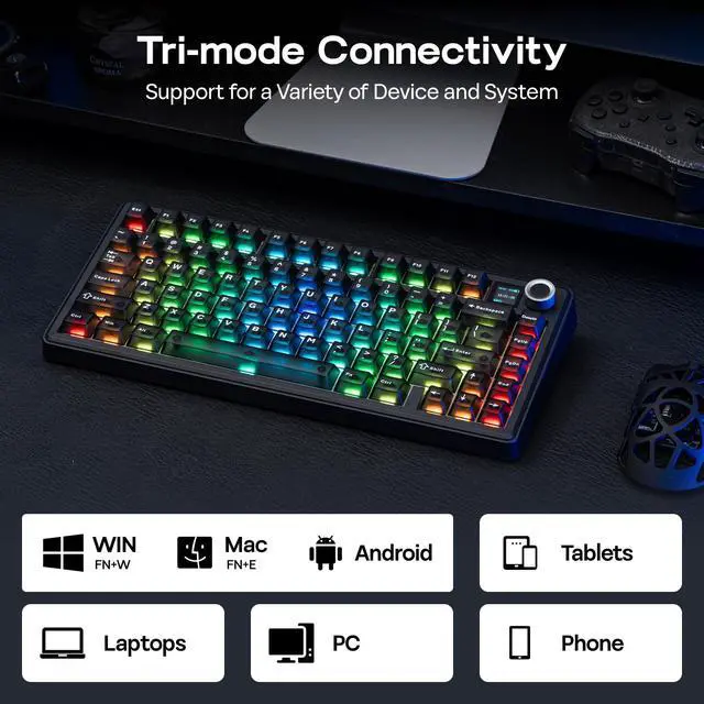 Alt view image 7 of 7 - F75 MAX Wireless Mechanical Keyboard with TFT Screen and Knob, Gasket Keyboard in 75% Layout, Hot Swappable Gaming Keyboard for PC/Mac/Linux (Matte Black)