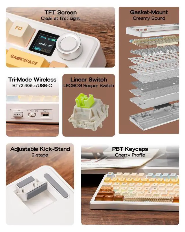 Alt view image 2 of 7 - F75 MAX Wireless Mechanical Keyboard with TFT Screen and Knob, Gasket Keyboard in 75% Layout, Hot Swappable Gaming Keyboard for PC/Mac/Linux (Caramel)