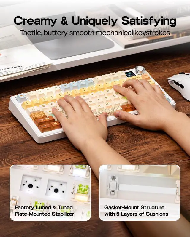 Alt view image 6 of 7 - F75 MAX Wireless Mechanical Keyboard with TFT Screen and Knob, Gasket Keyboard in 75% Layout, Hot Swappable Gaming Keyboard for PC/Mac/Linux (Caramel)