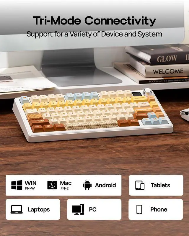 Alt view image 4 of 7 - F75 MAX Wireless Mechanical Keyboard with TFT Screen and Knob, Gasket Keyboard in 75% Layout, Hot Swappable Gaming Keyboard for PC/Mac/Linux (Caramel)