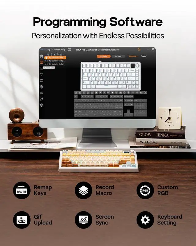Alt view image 7 of 7 - F75 MAX Wireless Mechanical Keyboard with TFT Screen and Knob, Gasket Keyboard in 75% Layout, Hot Swappable Gaming Keyboard for PC/Mac/Linux (Caramel)