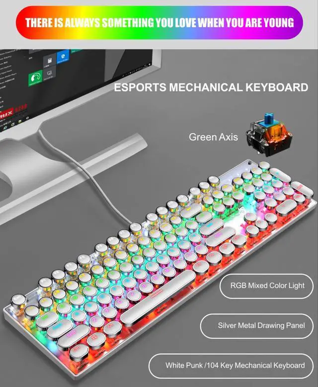 Alt view image 2 of 7 - Typewriter Style Mechanical Gaming Keyboard Rainbow Backlit Wired with Blue Switch Retro Round Keycap 104 Keys Keyboard (L-White)