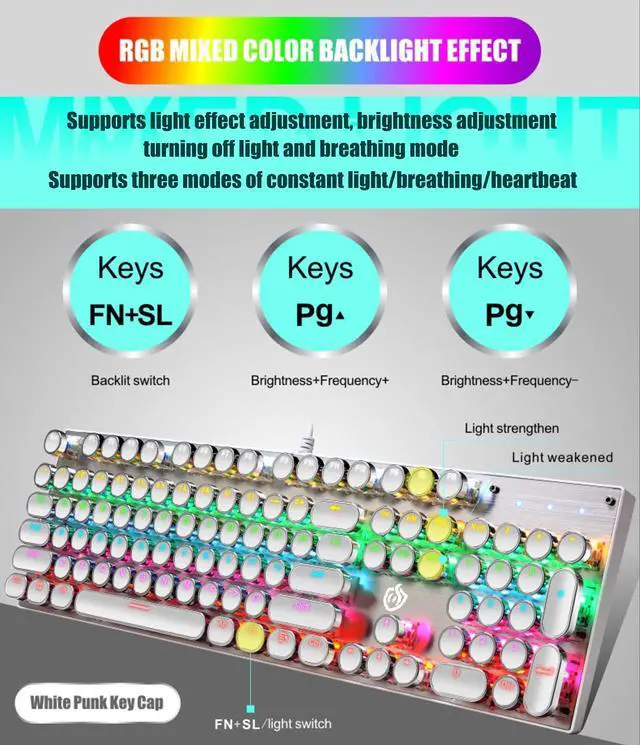 Alt view image 3 of 7 - Typewriter Style Mechanical Gaming Keyboard Rainbow Backlit Wired with Blue Switch Retro Round Keycap 104 Keys Keyboard (L-White)