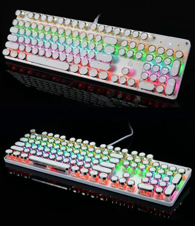 Alt view image 5 of 7 - Typewriter Style Mechanical Gaming Keyboard Rainbow Backlit Wired with Blue Switch Retro Round Keycap 104 Keys Keyboard (L-White)