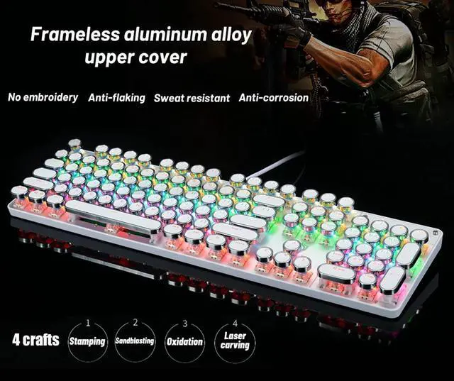 Alt view image 4 of 7 - Typewriter Style Mechanical Gaming Keyboard Rainbow Backlit Wired with Blue Switch Retro Round Keycap 104 Keys Keyboard (L-White)