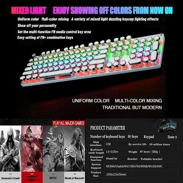 Alt view image 7 of 7 - Typewriter Style Mechanical Gaming Keyboard Rainbow Backlit Wired with Blue Switch Retro Round Keycap 104 Keys Keyboard (L-White)