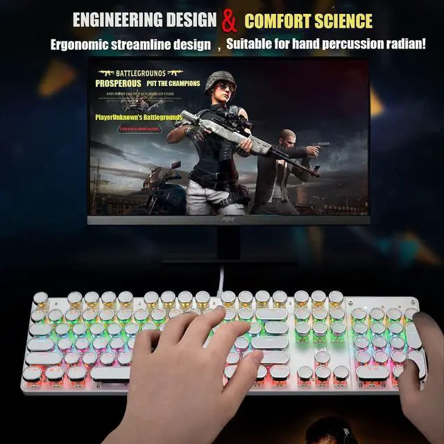 Alt view image 6 of 7 - Typewriter Style Mechanical Gaming Keyboard Rainbow Backlit Wired with Blue Switch Retro Round Keycap 104 Keys Keyboard (L-White)