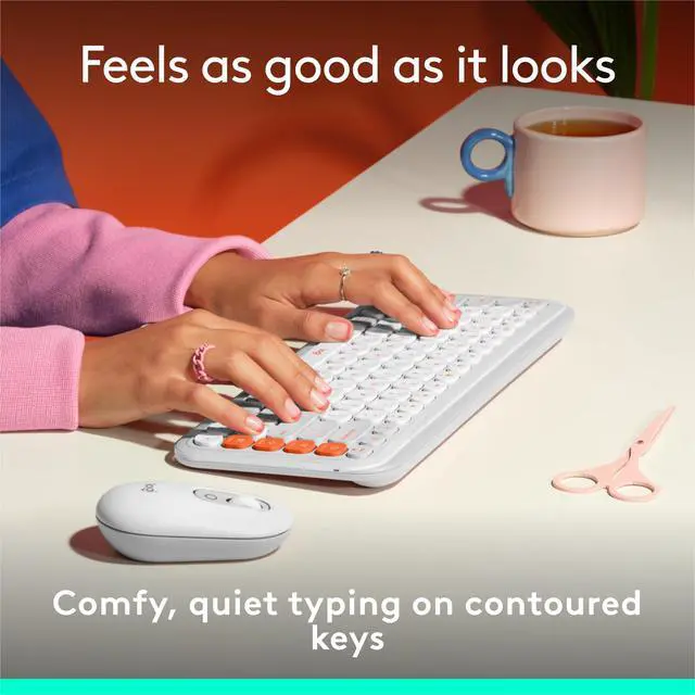 Alt view image 3 of 7 - Wireless Bluetooth Keyboard, Comfortable Typing, Programmable Keys, Easy-Switch Between up to 3 Devices, for Laptop, Tablet, PC Off White and Orange
