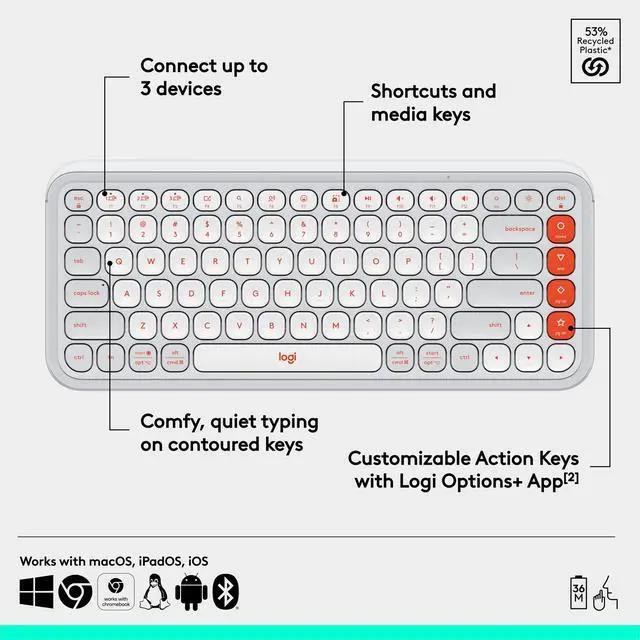 Alt view image 6 of 7 - Wireless Bluetooth Keyboard, Comfortable Typing, Programmable Keys, Easy-Switch Between up to 3 Devices, for Laptop, Tablet, PC Off White and Orange