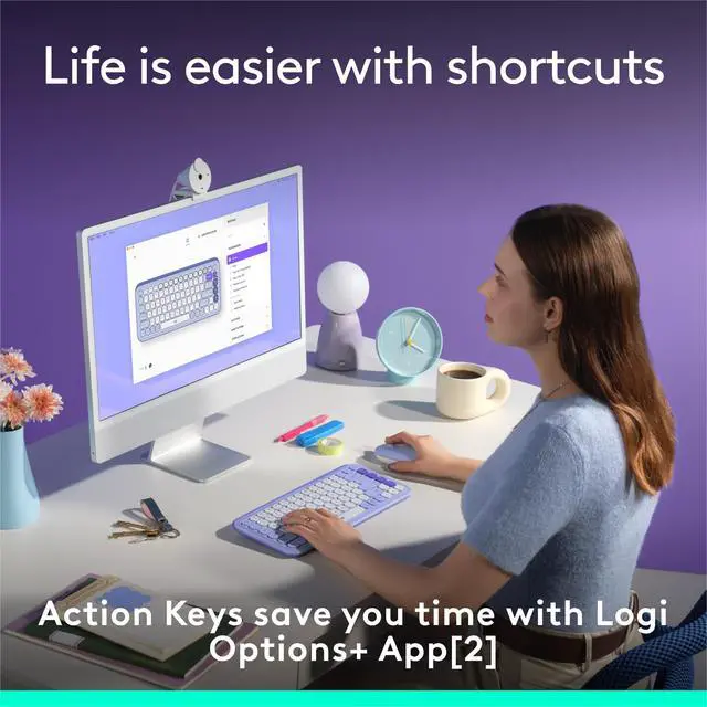 Alt view image 4 of 7 - Wireless Bluetooth Keyboard, Comfortable Typing, Programmable Keys, Easy-Switch Between up to 3 Devices, for Laptop, Tablet, PC Lilac and Off-White