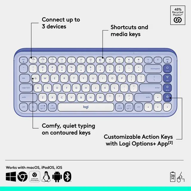 Alt view image 6 of 7 - Wireless Bluetooth Keyboard, Comfortable Typing, Programmable Keys, Easy-Switch Between up to 3 Devices, for Laptop, Tablet, PC Lilac and Off-White