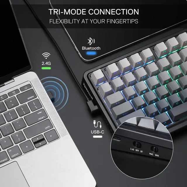 Alt view image 4 of 7 - K686 PRO 98 Keys Wireless Gasket RGB Gaming Keyboard, 3-Mode PBT Mechanical Keyboard w/Hot-Swap South-Facing RGB Socket, Dedicated Knob Control & 5-Layer Noise Dampening, Gradient PBT Keycaps