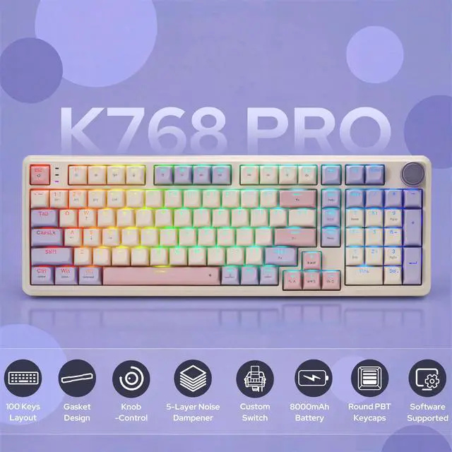 Alt view image 2 of 7 - K768 PRO 100 Keys Wireless Gasket RGB Gaming Keyboard, Massive 8000 mAh PBT Mechanical Keyboard w/Hot-Swap Socket, Dedicated Knob Control & 5-Layer Noise Dampening, Custom Yolk Linear Switch