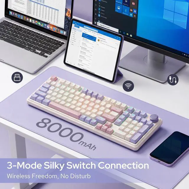 Alt view image 3 of 7 - K768 PRO 100 Keys Wireless Gasket RGB Gaming Keyboard, Massive 8000 mAh PBT Mechanical Keyboard w/Hot-Swap Socket, Dedicated Knob Control & 5-Layer Noise Dampening, Custom Yolk Linear Switch