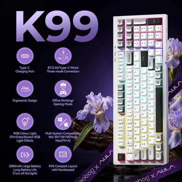 Alt view image 2 of 5 - Wireless Keyboard,98 Keys Silent Computer Keyboards Creamy Color Membrane Keyboard with Number Pad RGB Backlit Rechargeable Quiet Gaming Keyboard for PC Mac Office - K99 Black&White&Grey